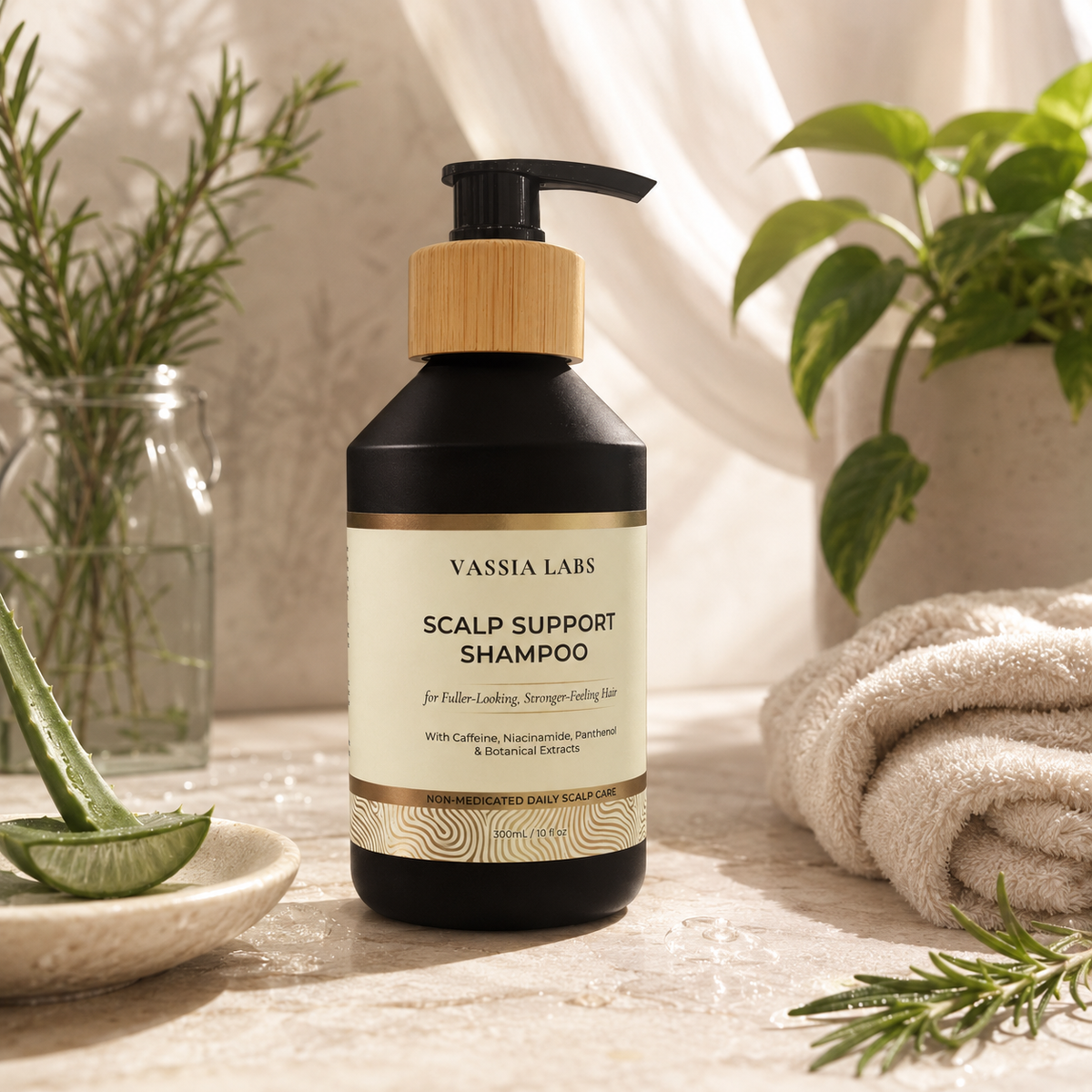 Vassia Labs shampoo bottle for scalp-first haircare routine