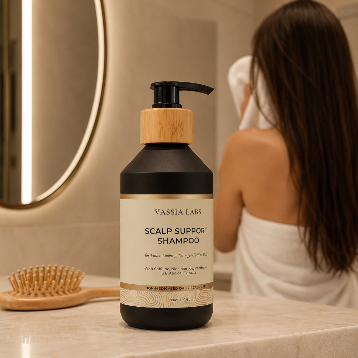 Vassia Labs shampoo bottle for scalp-first haircare routine