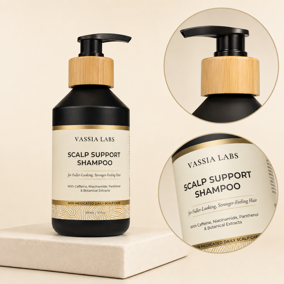 Vassia Labs Scalp Support Shampoo in a matte black bottle with a light wood-toned collar and black pump, displayed on a cream pedestal with two circular detail insets showing the pump close-up and the label close-up.