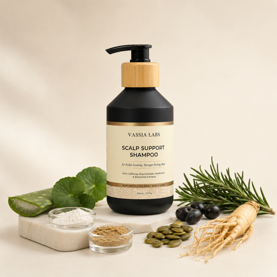 Vassia Labs botanical scalp support shampoo for thinning, fine and fragile hair with rosemary, caffeine, niacinamide, ginseng and saw palmetto.