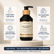 Quality-tested Vassia Labs scalp support shampoo for thinning, fine and fragile hair, produced using chemist-led GMP and ISO-certified manufacturing.