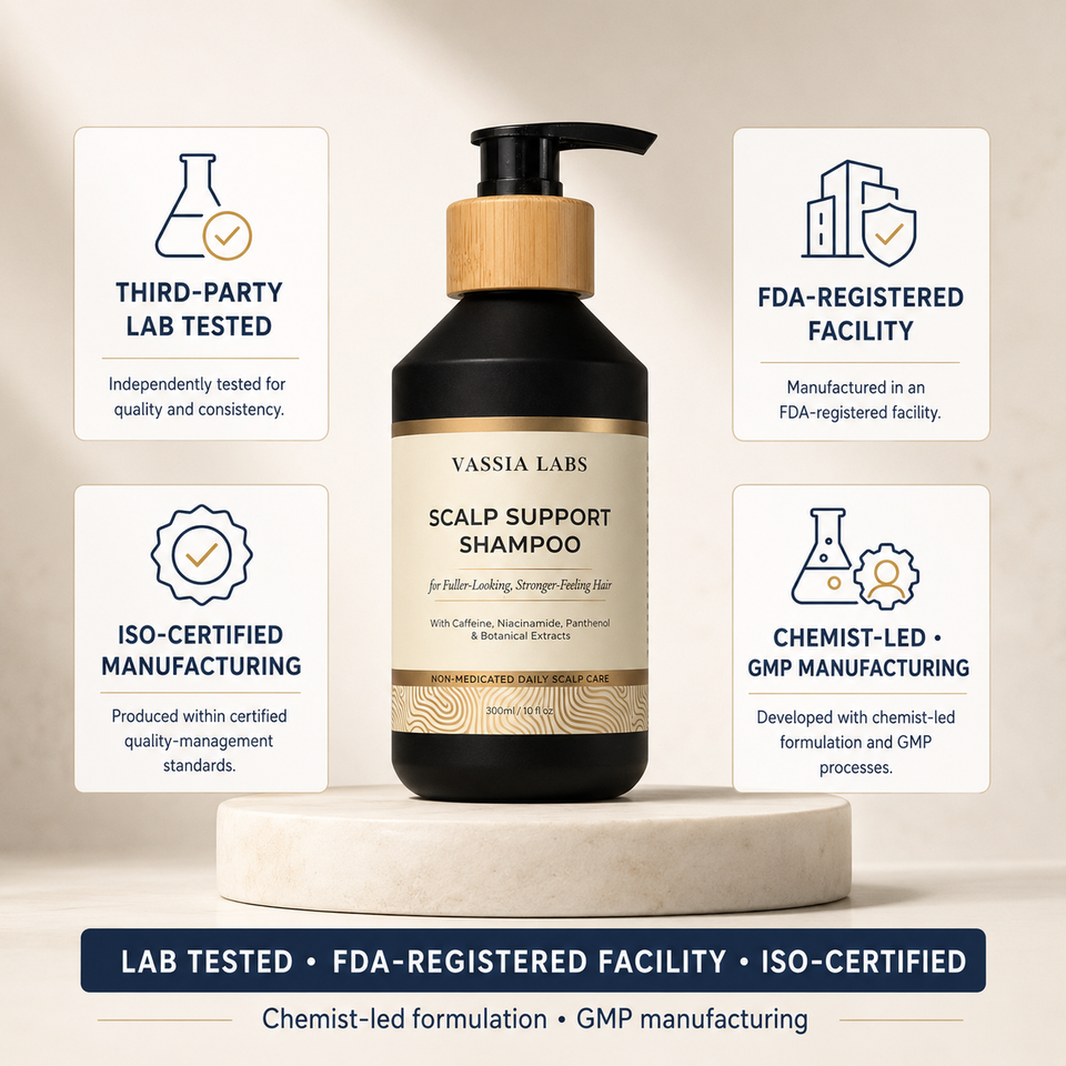 Quality-tested Vassia Labs scalp support shampoo for thinning, fine and fragile hair, produced using chemist-led GMP and ISO-certified manufacturing.