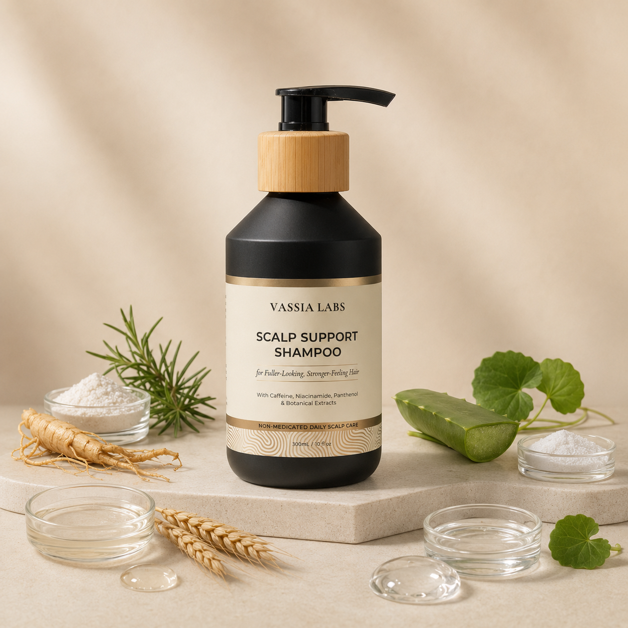Vassia Labs scalp support shampoo for thinning, fine and fragile hair with caffeine, niacinamide, panthenol, rosemary, aloe and botanical extracts.