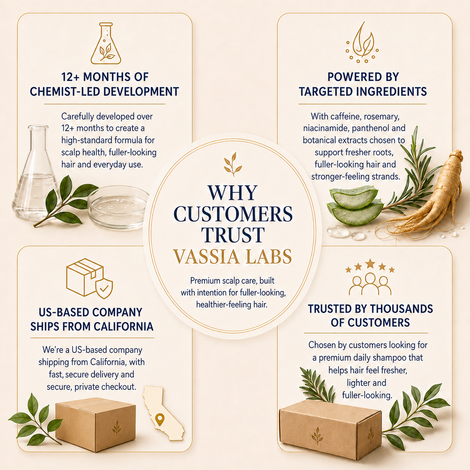 An infographic detailing the trust and development behind Vassia Labs shampoo, featuring five rounded beige panels with text, icons, and illustrations of ingredients like green beans, a glass flask, and boxes on a cream background.